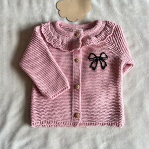 Hand-embroidered pink baby cardigan sweater perfect for Easter, 9M, 100% Cotton